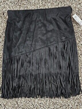 Vida Clothing Womens Sz S Mini Skirt w/ Fringe Trim Faux Suede Black NEW